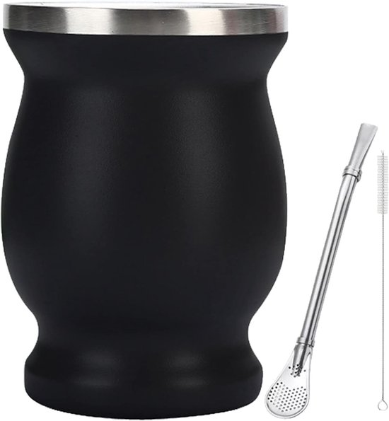 SnelShoppen - Yerba Mate Gourd Cup 8 Oz - RVS Dubbelwandige Vacuum Mate Mok met Bombilla (Rietje) en Borstel - Zwart - Ideaal voor Camping en Thuis