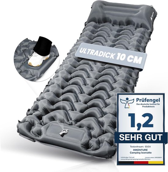 SnelShoppen - Zelfopblazend Slaapmat 10 cm Hoog - Camping Luchtmatras met Voetpomp - Compact en Lichtgewicht Grijs - Ideaal voor Kamperen, Outdoor, Hi