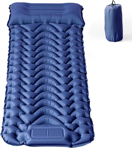 SnelShoppen - Zelfopblazend Slaapmat voor Camping - Enkel - 8 cm Dikte - Navy Blauw - Ergonomisch Ontwerp met Kussen - Ideaal voor Rug- en Zijslapers