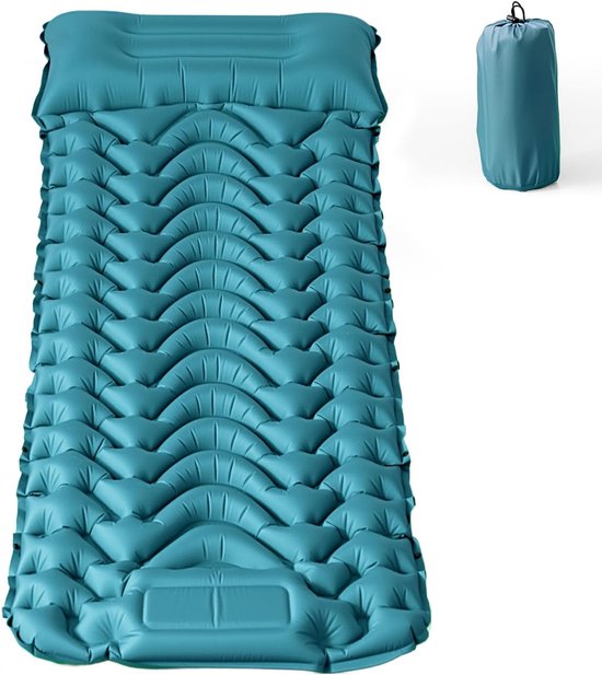 SnelShoppen - Zelfopblazend slaapmatje voor kamperen, camping slaapmat, eenpersoons, pauwblauw, V-design, 8 cm dik, ergonomisch met kussen