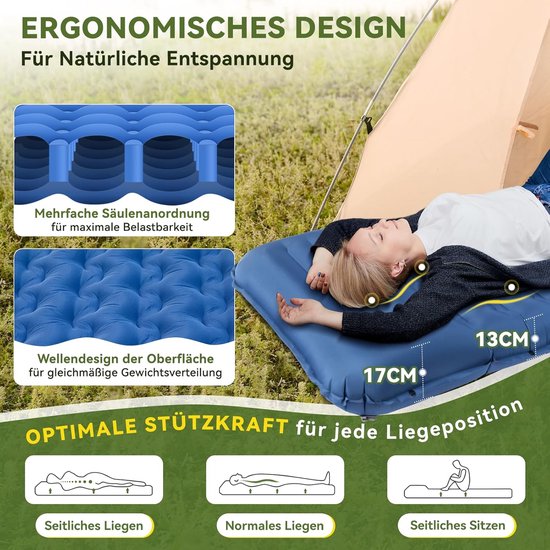 SnelShoppen - Zelfopblazende Slaapmat 13 cm Dikte met Kussen - Ultra Dikke Campingmat - Lichtgewicht Klein Formaat met Voetpomp - Ideaal voor Buiten,