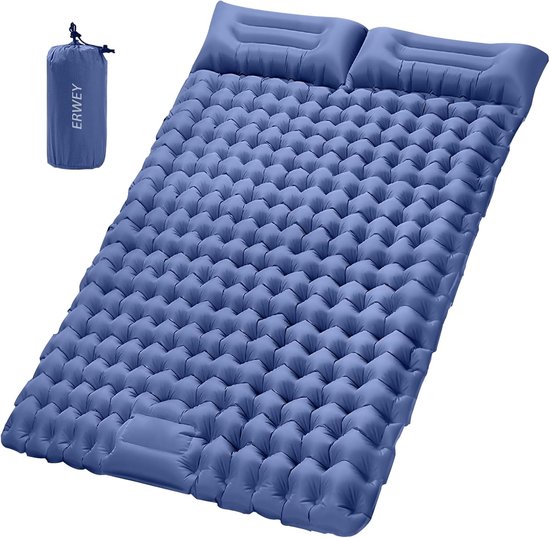 SnelShoppen - Zelfopblazende slaapmat voor 2 personen, 200x135 cm, ultralicht, isolerend, opblaasbaar luchtmatras met voetpomp, opvouwbaar met kussen,