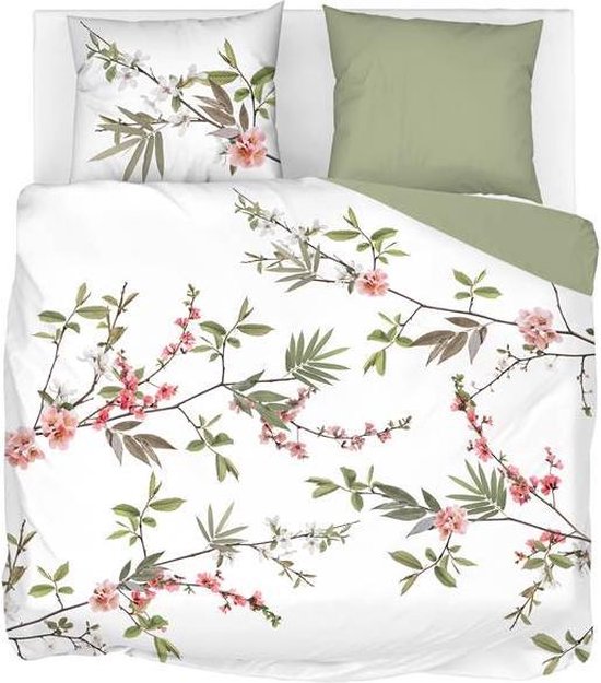 Snoozing Spring Branch - Flanel - Dekbedovertrek - Lits-jumeaux - 260x200/220 cm + 2 kussenslopen 60x70 cm - Groen van Snoozing