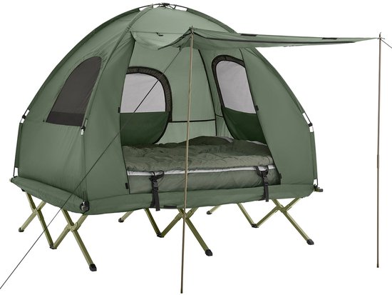SoBuy OGS61-L-GR | Opvouwbaar Campingbedje | 3 in 1 met anti-UV dak + opblaasbare matras + draagtas | maximale belasting 300 kg | 2 personen van Merkloos