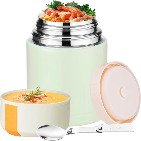 Soepthermo Voor Warme Maaltijden Volwassenen - 800ml Thermo Bentoboxen- Thermische Lunchbox Voor Warme Gerechten - VacuüMvoedselthermo Van Roestvrij Staal - Voedselcontainer - Voor Warme Gerechten Thermo-Bentoboxen Kantoor Werk Picknick(Groen) van Merkloos