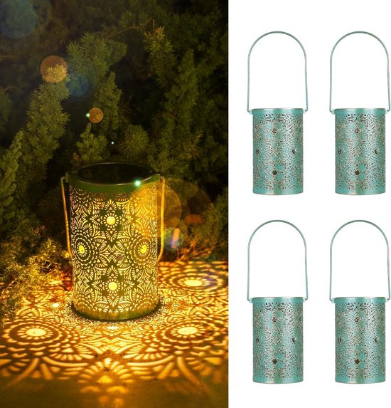 Solar Lantaarn Buiten 4 Stuks IP65 Waterdicht Vintage Metalen LED Lamp Warm Wit voor Balkon, Tuin en Patio