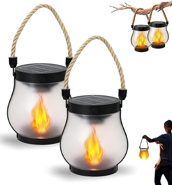 Solar Tuinverlichting - 2 Stuks - Vlam Effect - Tuinlantaarn - Tuinlamp Solar - Buitenverlichting - Solar Buitenlamp - Waterdicht - Met Touw - Geschikt Voor Camping, Terrassen, Tuinen, Patio's, Veranda's, Tuindecoraties