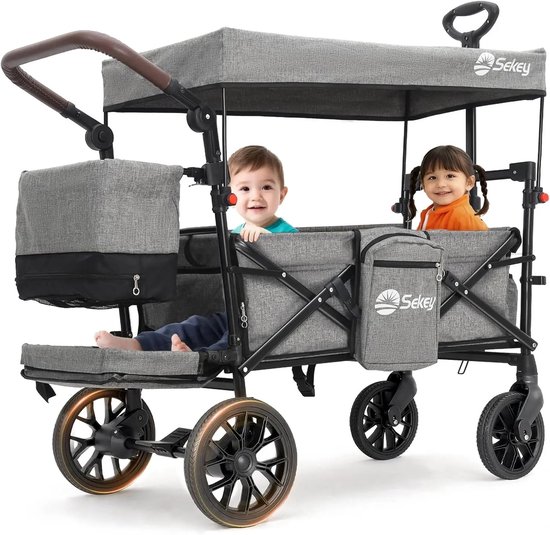 Solayne Bolderkar - Opvouwbaar - Bolderwagen - Kinderwagen - Verstelbare hendel - Waterproef - Met dak - tot 150 KG - Grijs