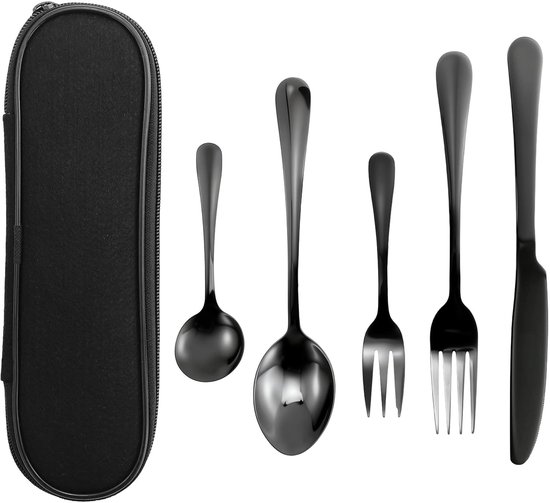 Solidchoice- Bestekset 5-delig - Roestvrij Staal - Bestekset voor 1 Persoon - Camping Bestek - Vaatwasmachinebestendig - Inclusief Opbergtas - Reisbestek