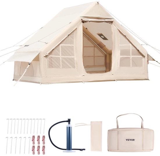 SOLVA Tent - Kampeertent - Opblaastent - Ca. 6 m² - Met Opbergtas En Hogedruk Handpomp - Tot 5 Personen - 3x2x2 Meter - Beige van Merkloos