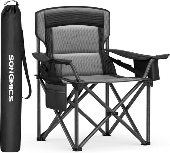 SONGMICS Campingstoel, Klapstoel met bekerhouder, Visstoel, Schuimvulling, Opvouwbaar, 205 kg Draagvermogen, Buitenstoel, Hoge Rug