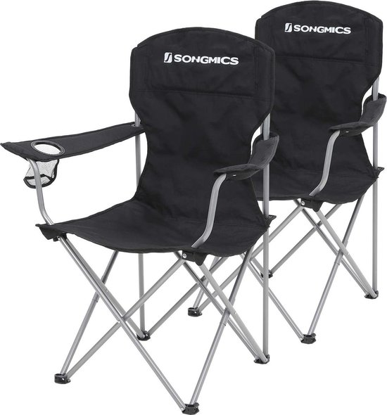 SONGMICS Campingstoel, set van 2, inklapbaar, comfortabel, klapstoel met robuust frame, belastbaar tot 150 kg, met flessenhouder, outdoor stoel, zwart GCB08BK, XL