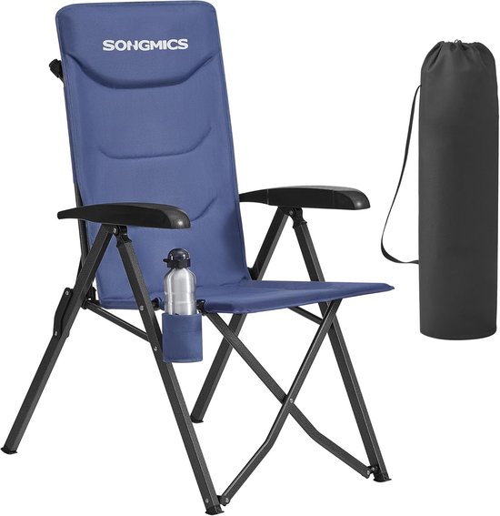 SONGMICS campingstoel voor volwassenen, 95°-150° ligstoel, gewatteerde opvouwbare tuinstoel, verstelbare hoge rug, draaibare bekerhouder, draagbare draagtas, tuindinervissen, blauw GCB015QZ01