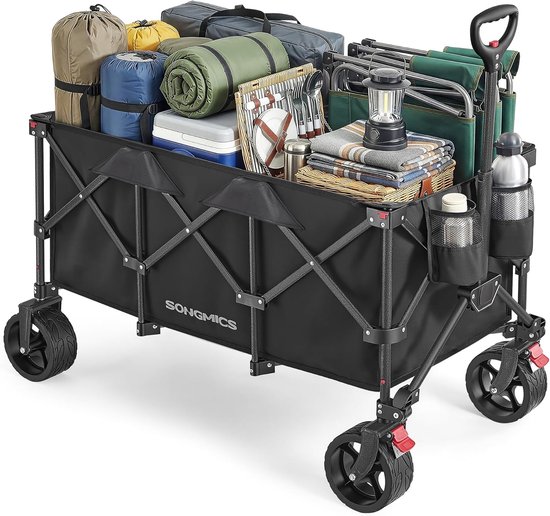 SONGMICS GFW200B101 Opvouwbare handkar, tuintrolley, campingtrolley met handvat, 4 afneembare wielen, voor buiten, tuin, 200 liter, maximaal draagvermogen 150 kg, inktzwart