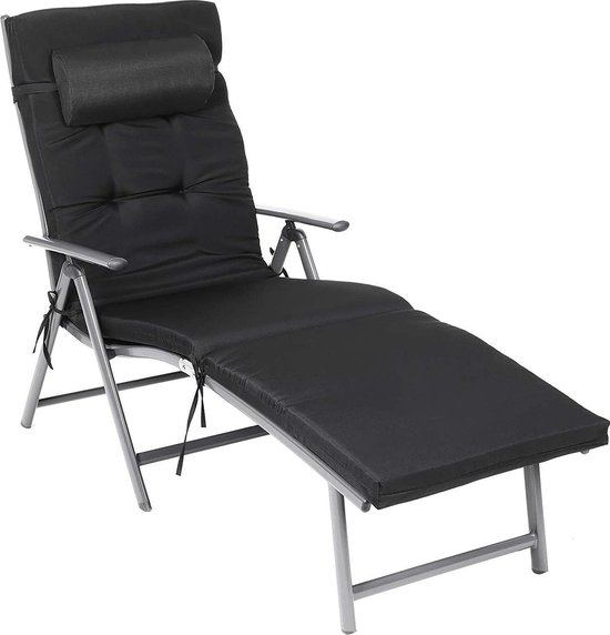 SONGMICS ligstoel, opvouwbaar, dekstoel met 6 cm dikke matras, afneembaar kussen, gemaakt van roestvrij aluminium, ademend, comfortabel, verstelbaar, belastbaar tot 150 kg, zwart GCB24BK