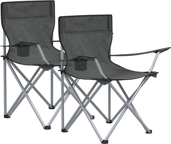 Songmics MGCB001G11 Campingstoelen, stoelen, voor buiten, armleuningen, tas voor kopjes, opvouwbaar, maximale belasting 120 kg, 2 opklapstoelen, leigrijs