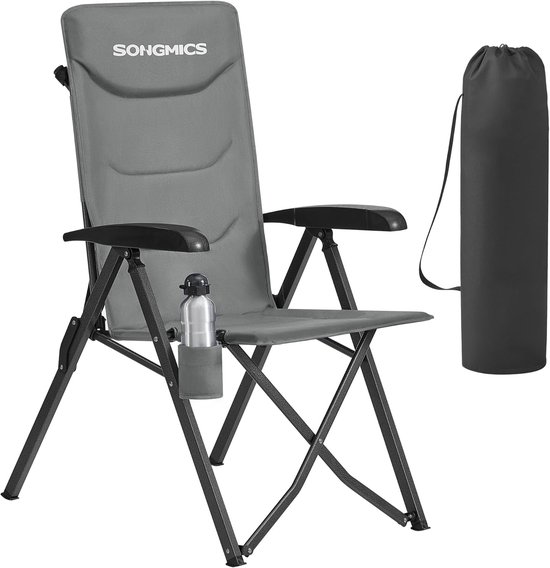 SONGMICS Opvouwbare Campingstoel Volwassene 95°-150° Verstelbare Rugleuning Opvouwbare Stoel Draaibare Bekerhouder Draagtas Schouderriem voor Tuin Camping Vissen Grijs GCB015GZ01