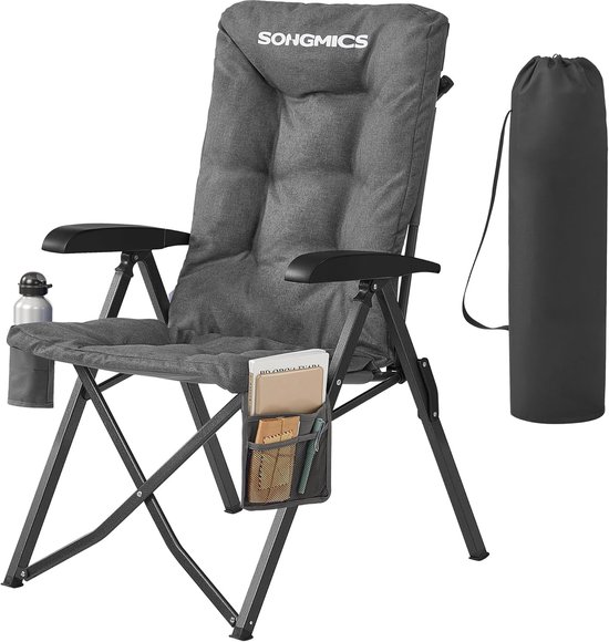 SONGMICS Opvouwbare campingstoel voor volwassenen, 95°-150° verstelbare rugleuning, klapstoel 6 cm vulling, bekerhouder, zijvak, draagtas, tuincampingvissen, grijs GCB016GZ01