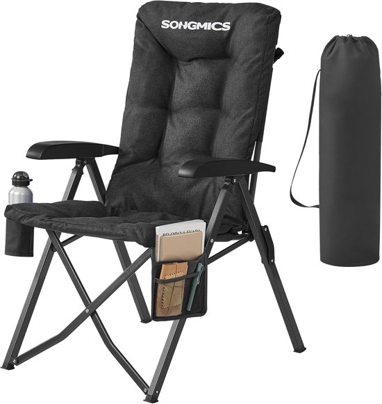 SONGMICS opvouwbare campingstoel voor volwassenen, 95°-150° verstelbare rugleuning, klapstoel 6 cm vulling, bekerhouder, zijzak, draagtas, tuincampingvissen, zwart GCB016BZ01