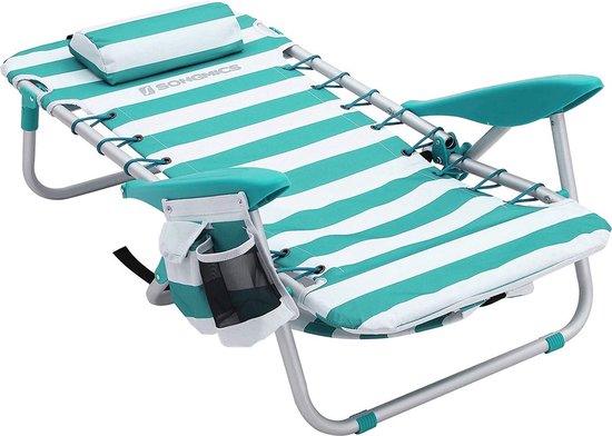 Songmics - strandstoel met afneembare hoofdsteun, draagbare klapstoel, campingstoel, verstelbaar rugleuning, met bekerhouder en zijvak, GCB62JW