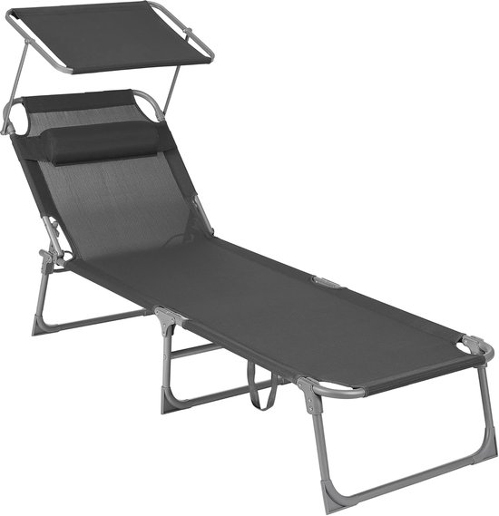SONGMICS Zonneligstoel, ligstoel, tuinligstoel, met hoofdsteun en zonnedak, rugleuning verstelbaar, licht, inklapbaar, 53 x 193 x 29,5 cm, tot 150 kg belastbaar, tuin, balkon, grijp GCB19T van Merkloos