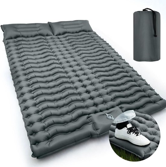 SOPPY Dubbele campingmat ultralichte zelfopblazende slaapmat, 10 cm extra dik 2 persoons slaapmat camping luchtbed voor buiten kamperen wandelen backpacken met ingebouwde voetpomp - grijs van Merkloos