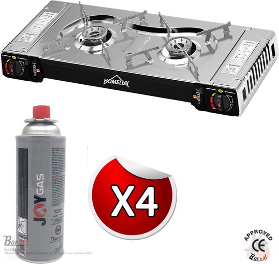 Soroh® - Camping Kookstel 2 Pits - Kooktoestel - Kampeer kookstel - Gasstel - Gaspit - Kookplaat - Elektronische ontsteking - 2 Pits - Buiten Koken - Twee pits gasfornuis - RVS - Zilver - Inclusief 4 Gasflessen Gratis van Soroh