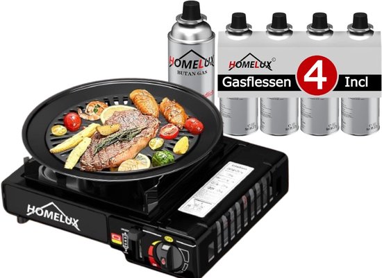 Soroh® - Homelux Draagbaar Camping Kooktoestel Set - Inclusief Grillplaat en 4 Gasflessen van Soroh
