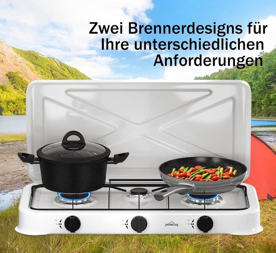 Soroh® - Homelux - Vrijstaande Gaskookplaat - Los Gasfornuis - Voor Thuis, Buiten of Camping - Kampeerkooktoestellen - 3-Pits - Wit van Merkloos