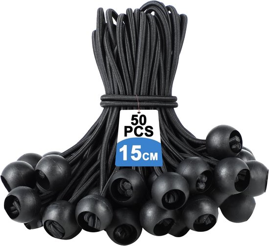Spanelastiek - 50 Stuks - Elastiek koord - Zeilspanner - Tent Elastiek - Partytent Elastiek Met Balletje - Elastisch Touw Met Bal - Voor Het Effectief Vastzetten Van Tenten, Zeilen, Luifels, Slaapzakken, Huishoudelijke Artikelen - Zwart