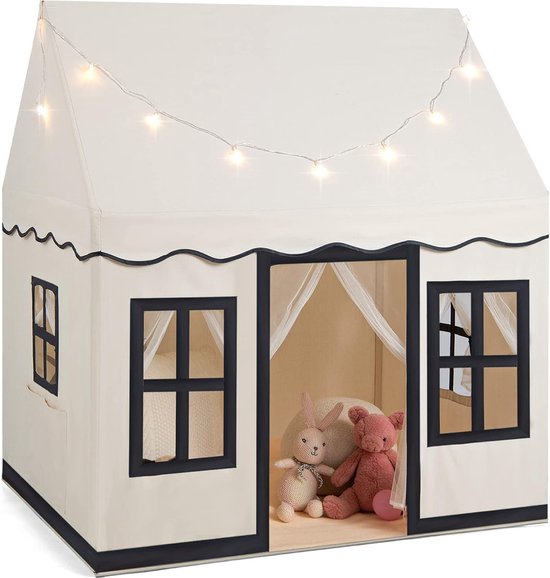 Speelhuis voor kinderen met sterrenverlichting, Prinsessen/Prinsessen kindertent met ramen en gordijnen, Speeltent voor kinderen, Speelhuis voor jongens en meisjes, Beige van Merkloos