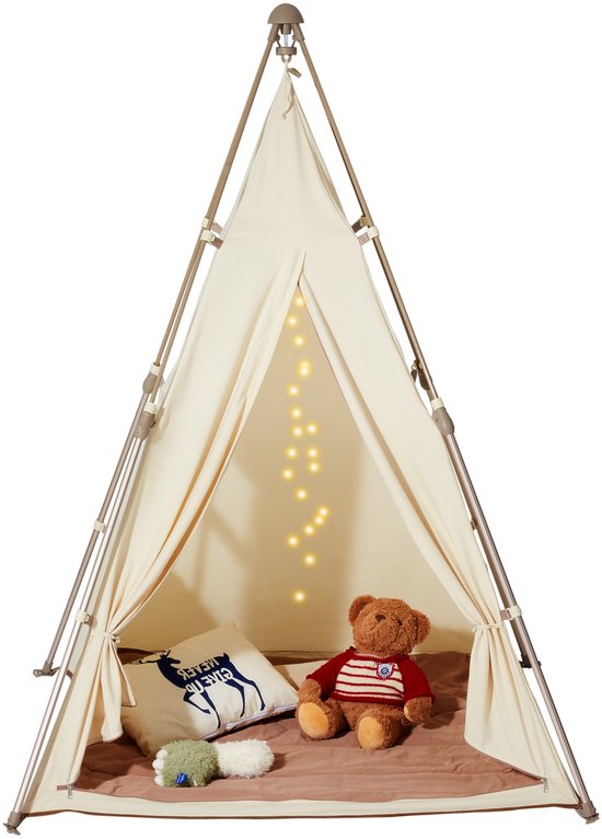Speeltent voor Kinderen, Tipi-Tent voor 1-5 Jaar, Opvouwbare Peutertent met mat, Draagtas, Ramen, Binnen/Buiten, Beige, Tent voor Jongens en meisjes van Tinyland.
