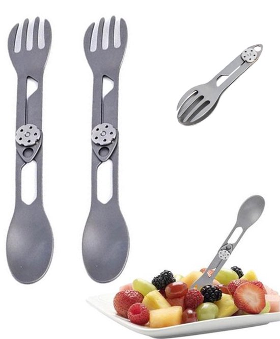 Spork - Campingbestek van titanium - 2 stuks - Usables spork - Opvouwbare lepel & vork - Outdoor 2-in-1 Spork - Outdoor survivaltool - Draagbaar reisbestek - voor wandelen, picknicks, barbecues en avontuurlijke activiteiten