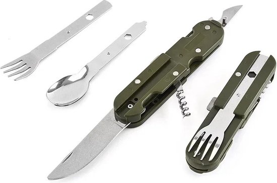 Spork - Opvouwbaar Bestek - Noodpakket - Zakmes - Legergroen