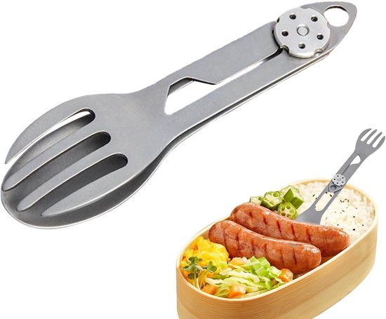 Spork - Rugzakspork - Campingbestek van titanium - Opvouwbare 2-in-1 lepel en vork - Outdoor survival - Lichtgewicht kampeerbestek - Draagbaar reisbestek - Wandelen - Picknicken - Barbecueën - Vork - Lepel - Flesopener - 16.7x2.6cm