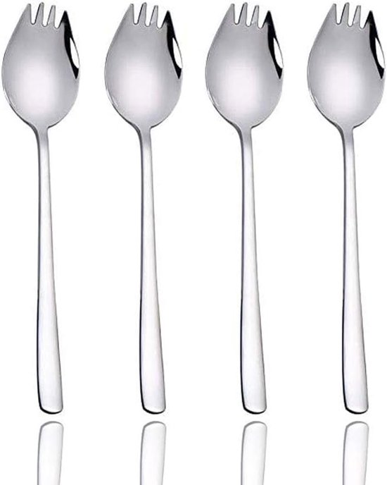 Sporks Set 4 Stuks - Roestvrij Staal 2-in-1 Lepel en Vork - Lange Saladelepels, Soeplepel, Pastalepel - Multifunctioneel Bestek voor Camping, Reizen en Thui