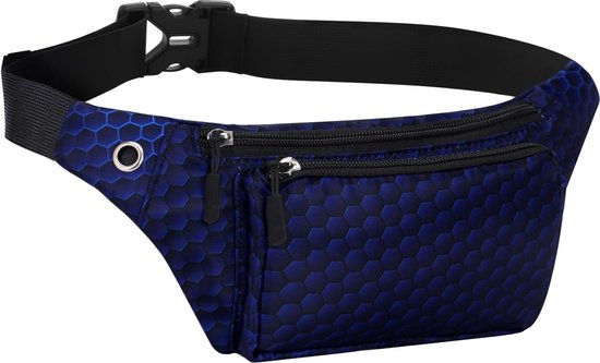 Sportheuptas, uniseks, lichte heuptas, veelkleurig, met verstelbare riem en hoofdtelefoonaansluiting, voor dames en heren, outdoor, reizen, wandelen, joggen, fietsen, hardlopen, Donkerblauwe zeshoek van Merkloos