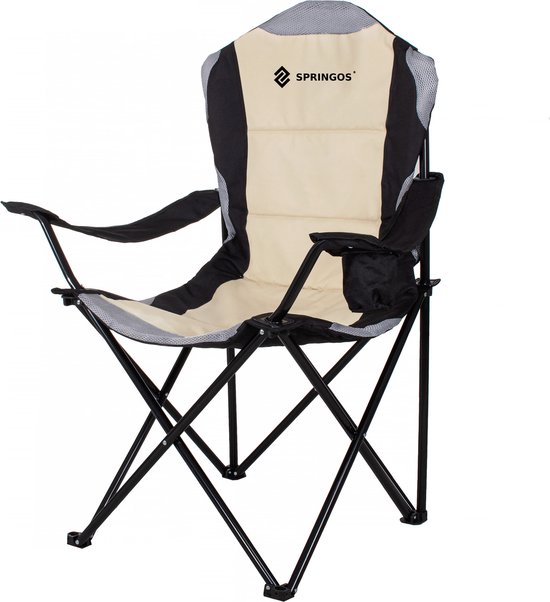 Springos Campingstoel - Kampeerstoel - Vouwstoel - Inclusief Draagtas - Zwart/ Grijs / Crème