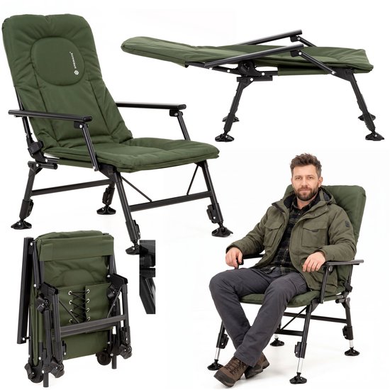 Springos Campingstoel | Visstoel | Opvouwbaar | Groen | Staal | Polyester | 57 x 71 x 90 cm | 140 Kg