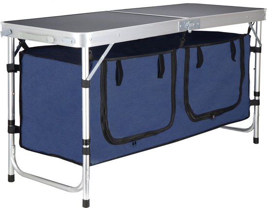 Springos Campingtafel - Keukenkast - Opbergkast - Inklapbaar - 120 x 47 x 71 cm - Zwart/blauw