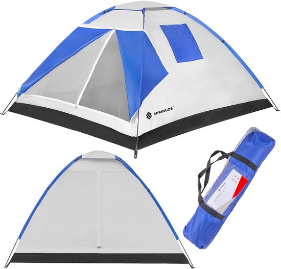 Springos Koepeltent | Toeristentent | Kampeertent | Tent | Waterdicht | 4 Persoons | Grijs / Zwart / Blauw | 240 x 210 x 150 cm