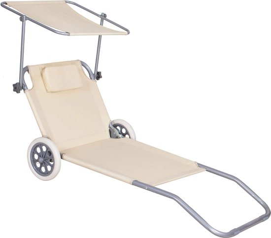 Springos Ligbed | Ligstoel | Strandstoel | Zonnebed | Verrijdbaar | Inclusief Luifel | Beige van Springos