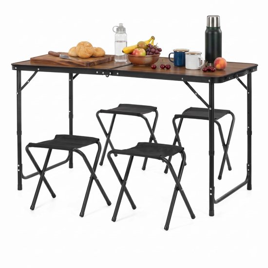 Springos Picknick Tafel Met Stpelen- Campingtafel - Campingset - Biertafel - Horeca -Tafel - Stoelen - Opvouwbaar - Bruin - 120 x 60 x 55 cm