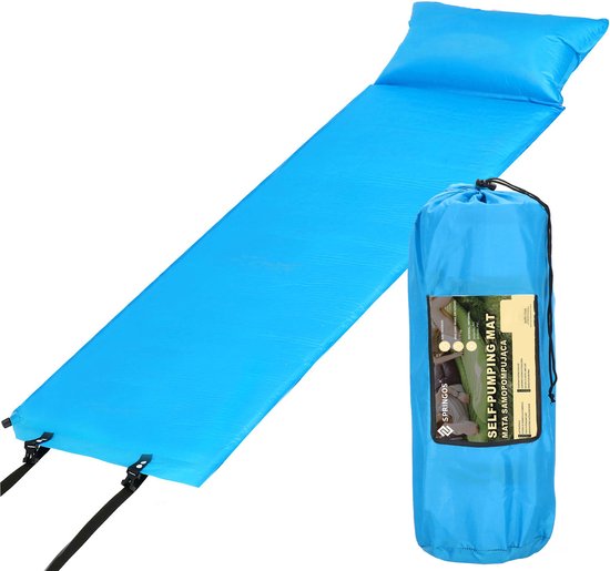 Springos Slaapmat | Zelfopblazend | 186 cm | Inclusief Hoes & Hoofdkussen | Lichtblauw van Springos