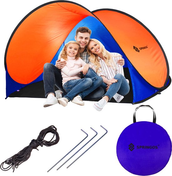 Springos Strandtent | Pop-Up Strandtent | UV Filter | Inclusief Draagtas | 200 x 120 x 110 cm | Blauw/Oranje van Springos