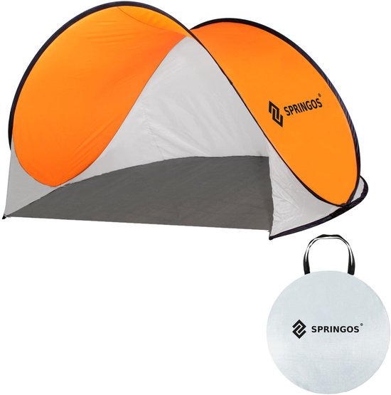 Springos Strandtent | Pop-Up Strandtent | UV Filter | Inclusief Draagtas | 200 x 120 x 110 cm | Wit/Oranje