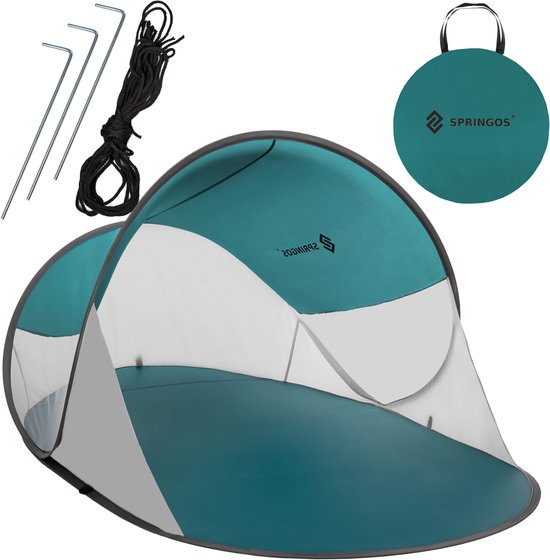 Springos Strandtent | Pop-Up Strandtent | UV Filter | Inclusief Draagtas | Polyester | 190 x 120 x 100 cm | Turquoise | Grijs | Wit van Springos
