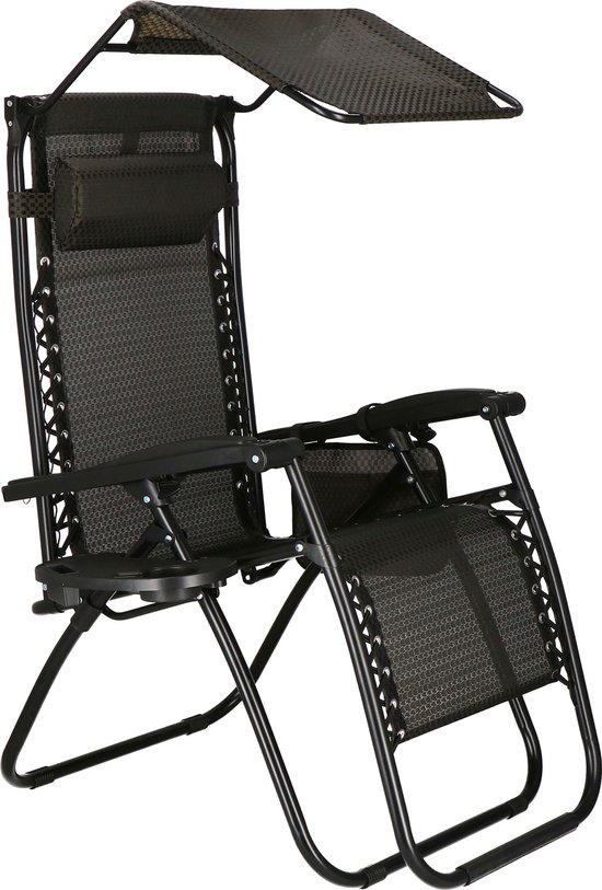 Springos Tuinstoel | Ligstoel | Opvouwbaar | Verstelbaar | Inclusief Hoofdsteun en Luifel | Bruin/Zwart van Merkloos