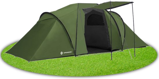 Springos Tunneltent |Kampeertent | Tent | Waterdicht | 4 Persoons | 2 Slaapkamers | Groen | 460 x 200 x 245 cm van Springos