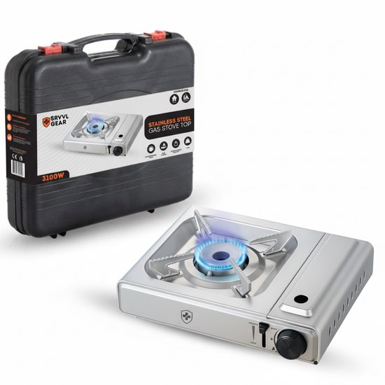 SRVVLGEAR RVS Camping Kooktoestel - Gastoestel 1 pit met draagkoffer - Roestvrij staal - 3100 W - Binnen en Buitengebruik van SRVVLGEAR
